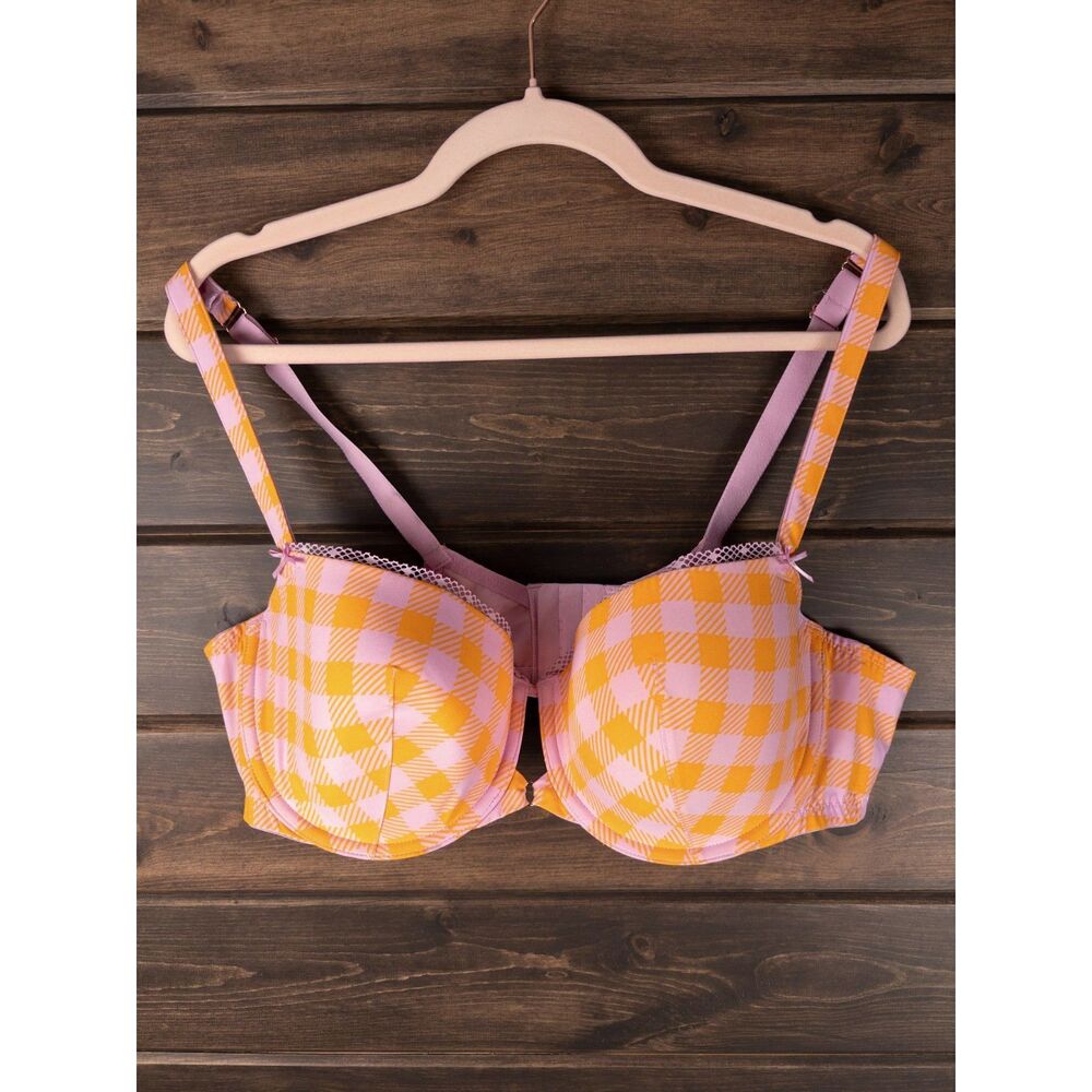 Savage X Fenty Gingham Remix Low-Cut Balconette Bra 42DD Pink Orange Plus Size